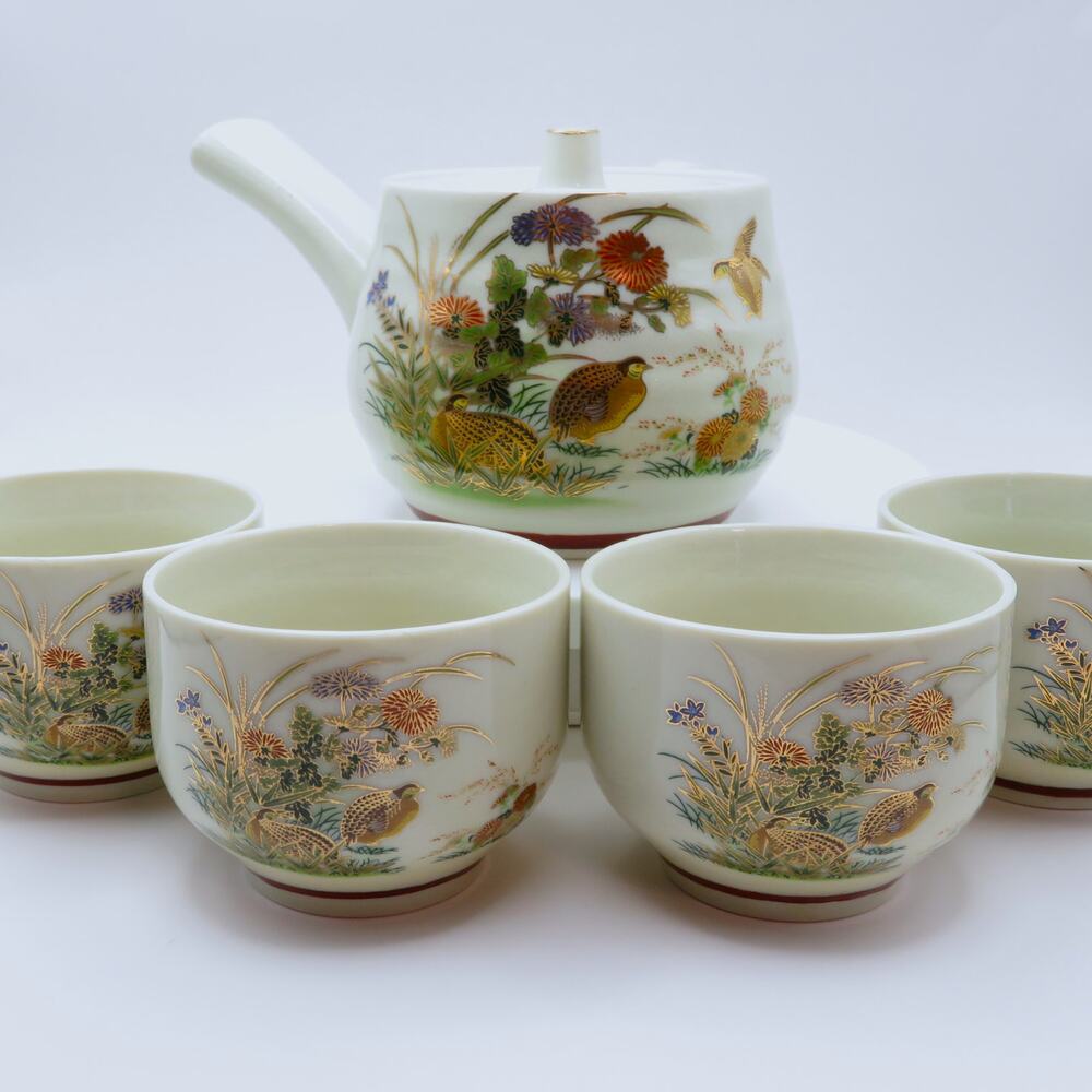 Vintage Japanese OMC Kutani Style Tea Set Quail Floral Porcelain Teapot & 4 Cups
